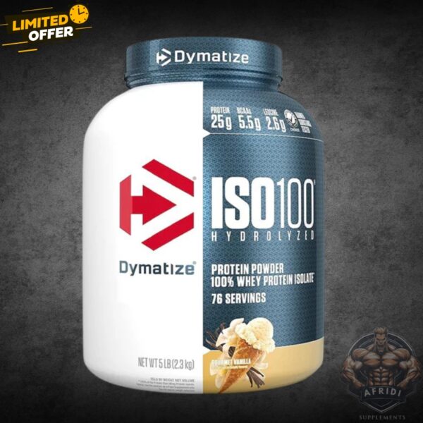 Dymatize ISO100 Gourmet Vanilla 5Lb protein powder in Pakistan for lean muscle recovery and smooth flavor
